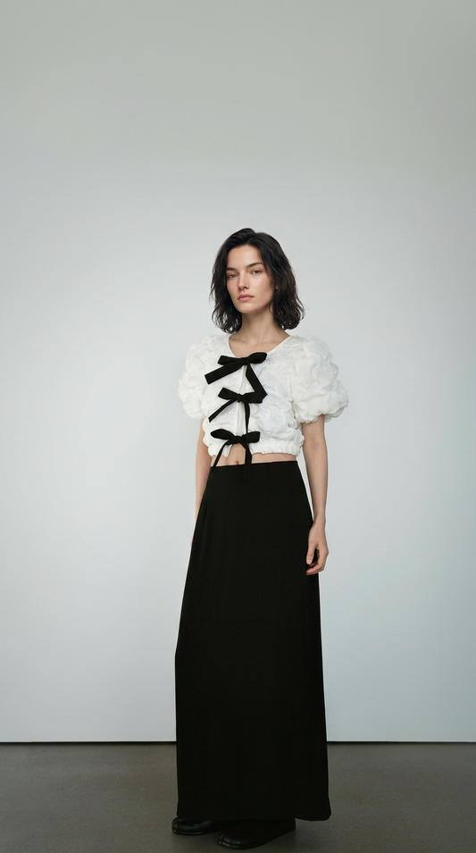 Contrast Bow Tie Sculptural Pleated Blouse