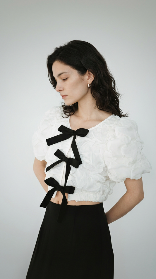 Contrast Bow Tie Sculptural Pleated Blouse