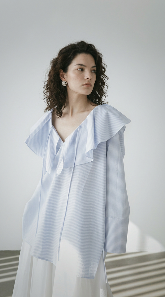 Oversized Ruffle Collar Stripe Blouse